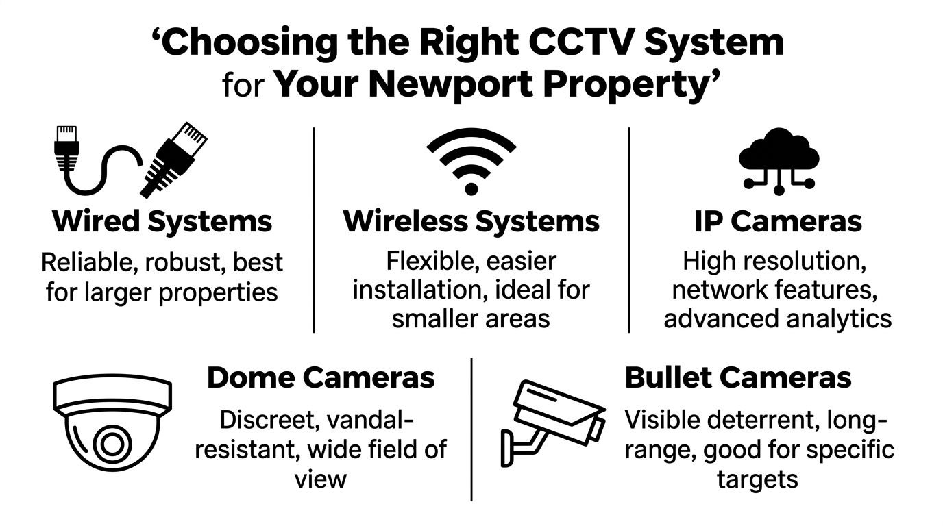 An infographic detailing different types of CCTV security systems for homes in Newport.