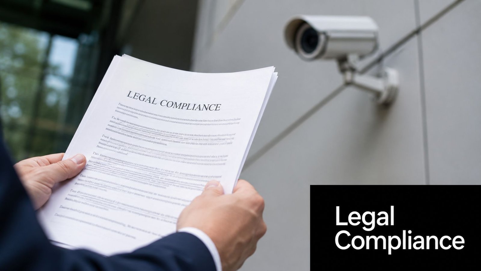 A person in a business suit holds a legal compliance document near a building security camera.