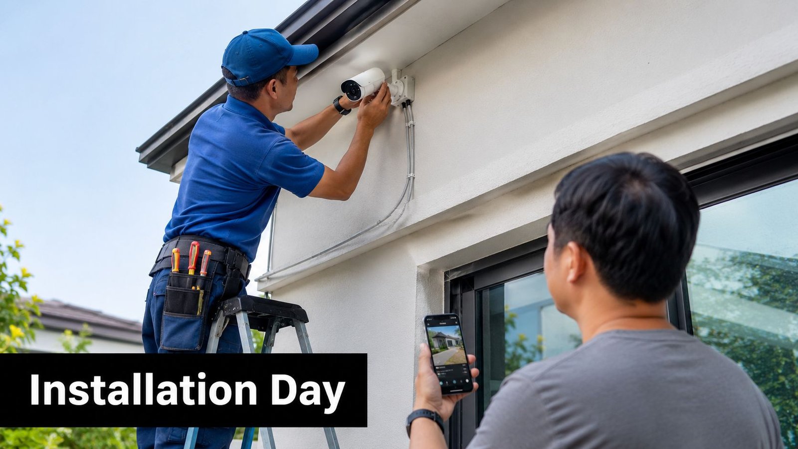 A technician installs a security camera on a house wall while a homeowner checks the view via smartphone.