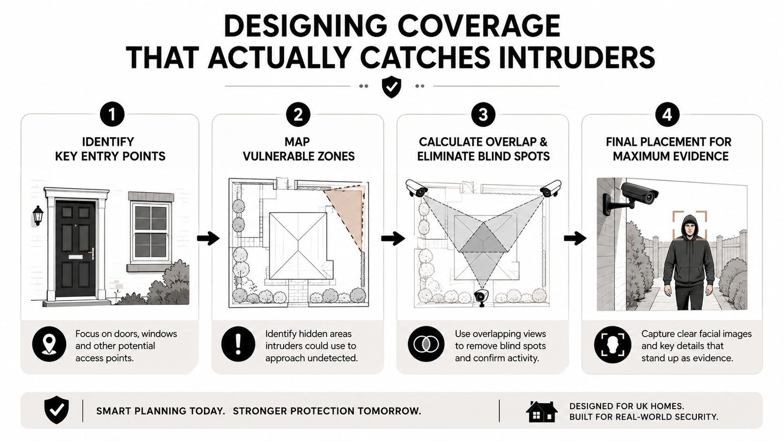 A four-step infographic illustrating how to plan home CCTV camera placement for maximum security and evidence.