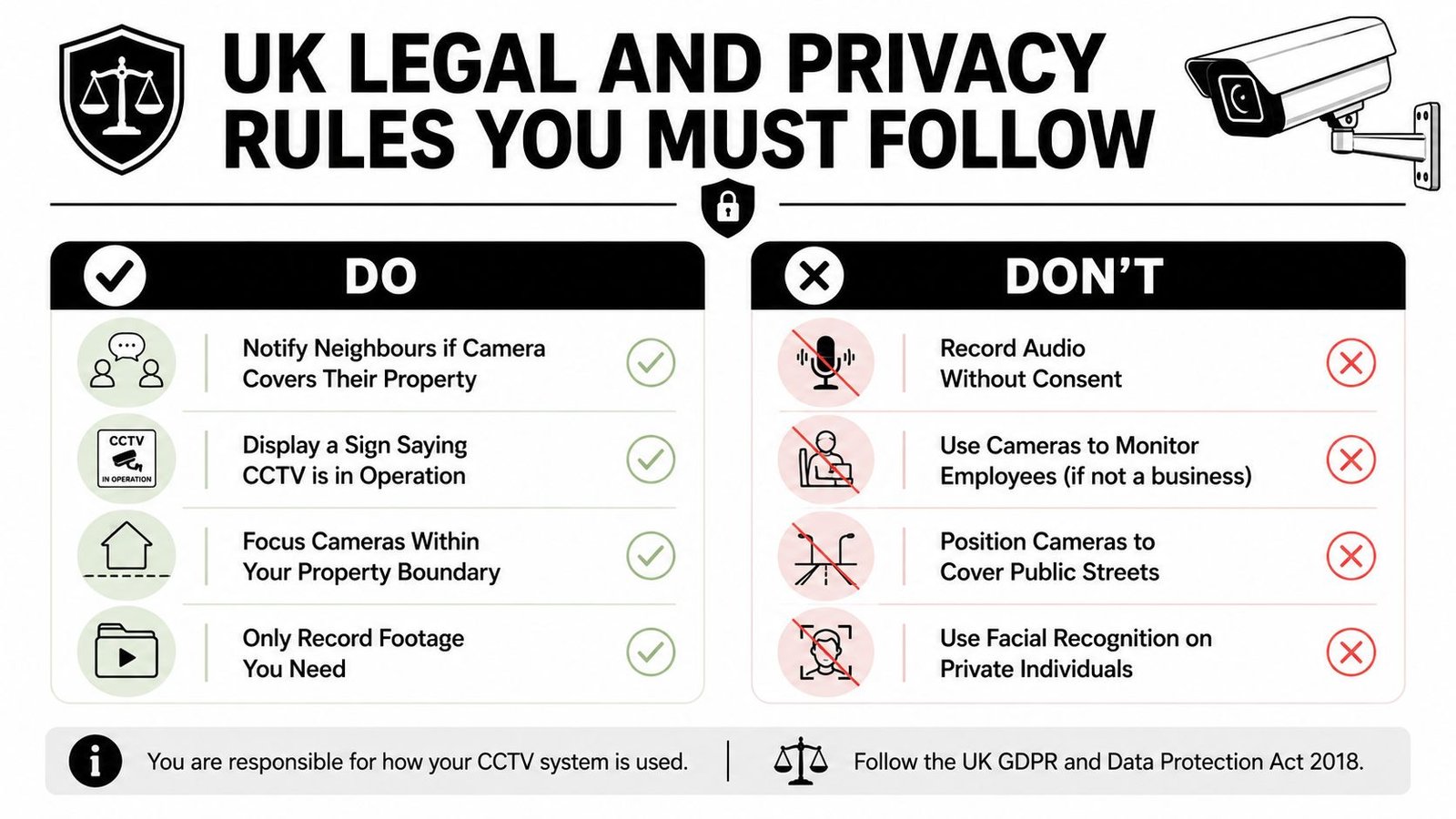 An infographic detailing essential UK legal and privacy rules for operating home CCTV security systems.