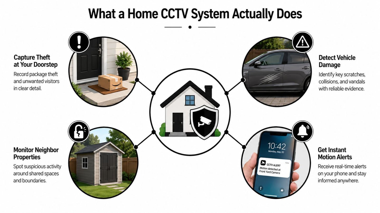 A diagram illustrating four primary benefits of a home CCTV security system for residential protection.
