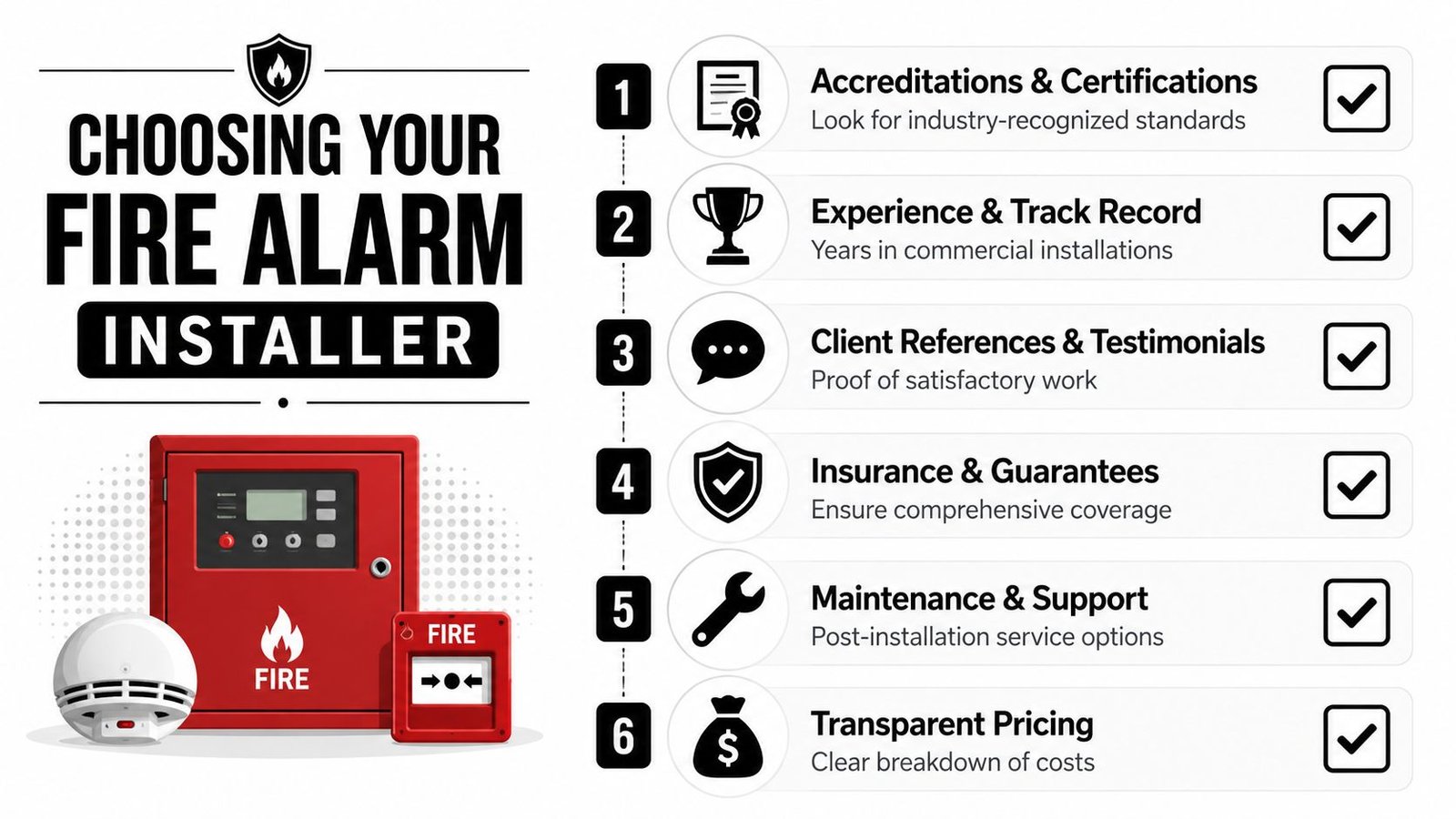 A helpful checklist guide for choosing a professional commercial fire alarm system installation service provider.