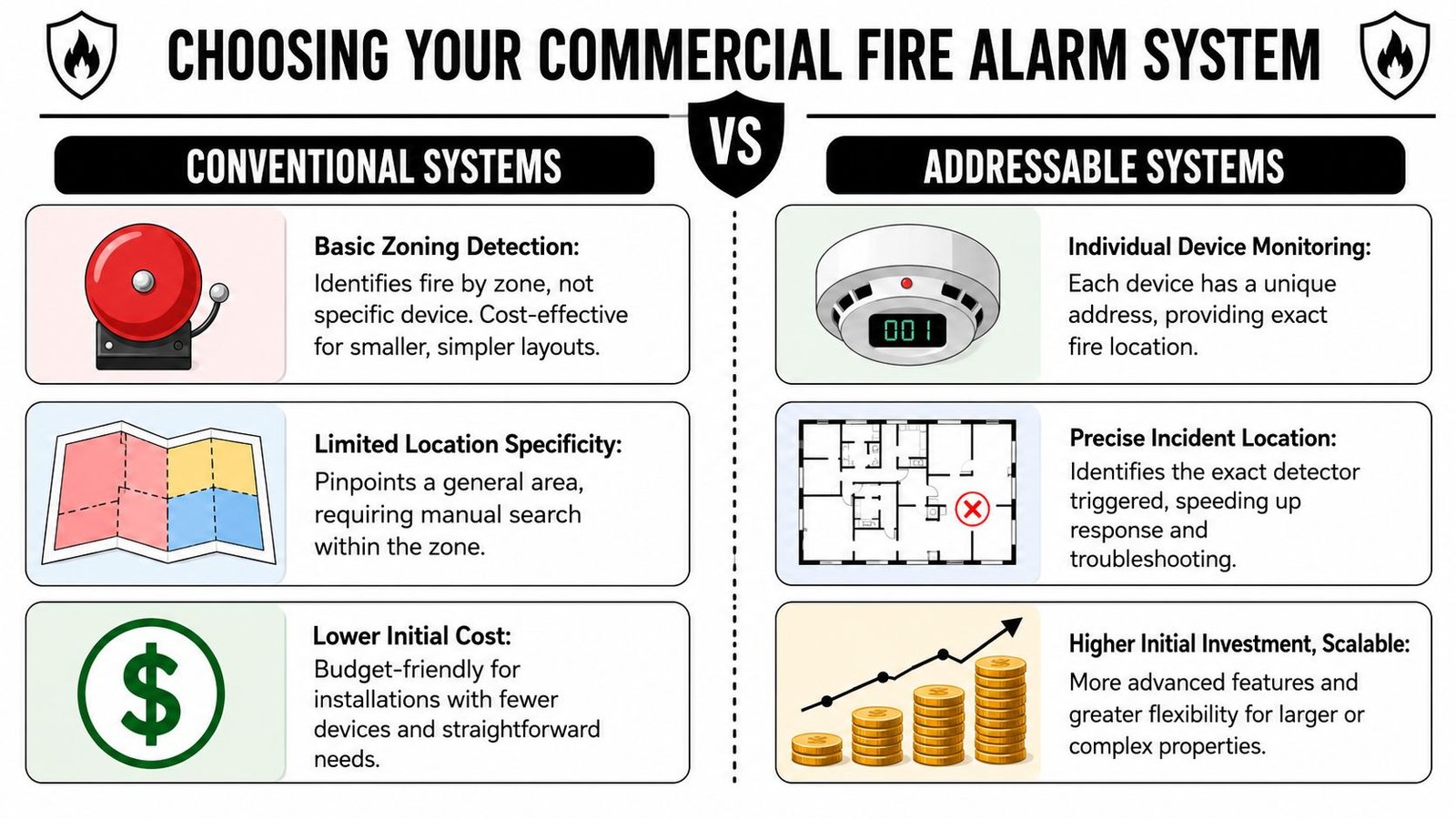A comparison infographic between conventional and addressable commercial fire alarm systems, detailing key differences and benefits.