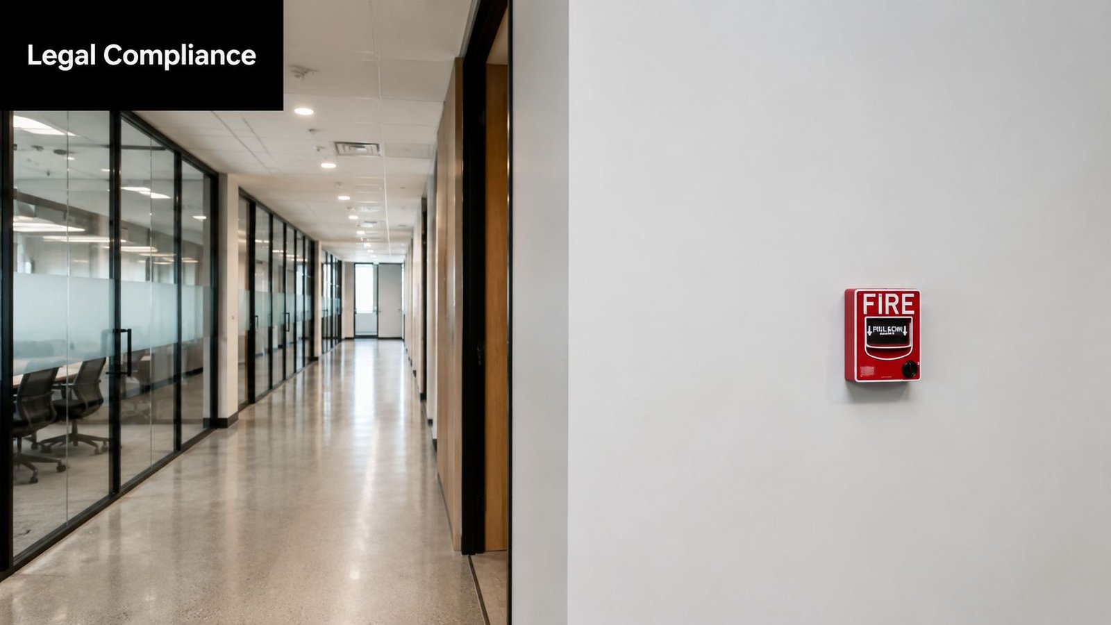 A modern office hallway with glass walled conference rooms and a red fire alarm on a white wall.
