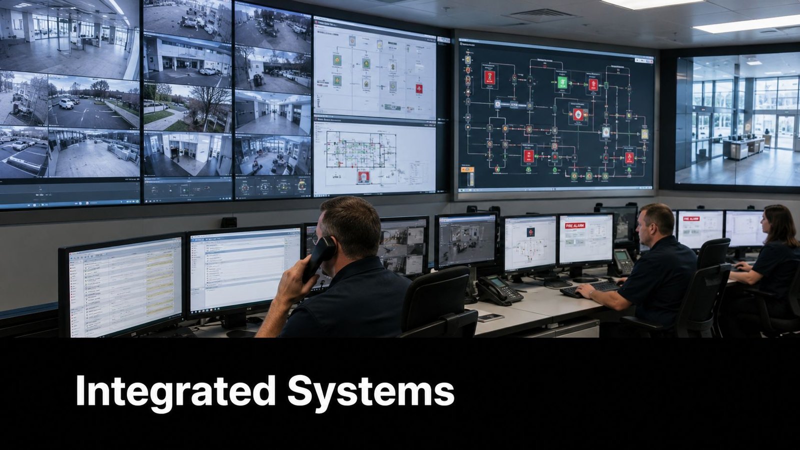A professional security operations center monitoring integrated systems with multiple screens displaying surveillance, maps, and alarms.