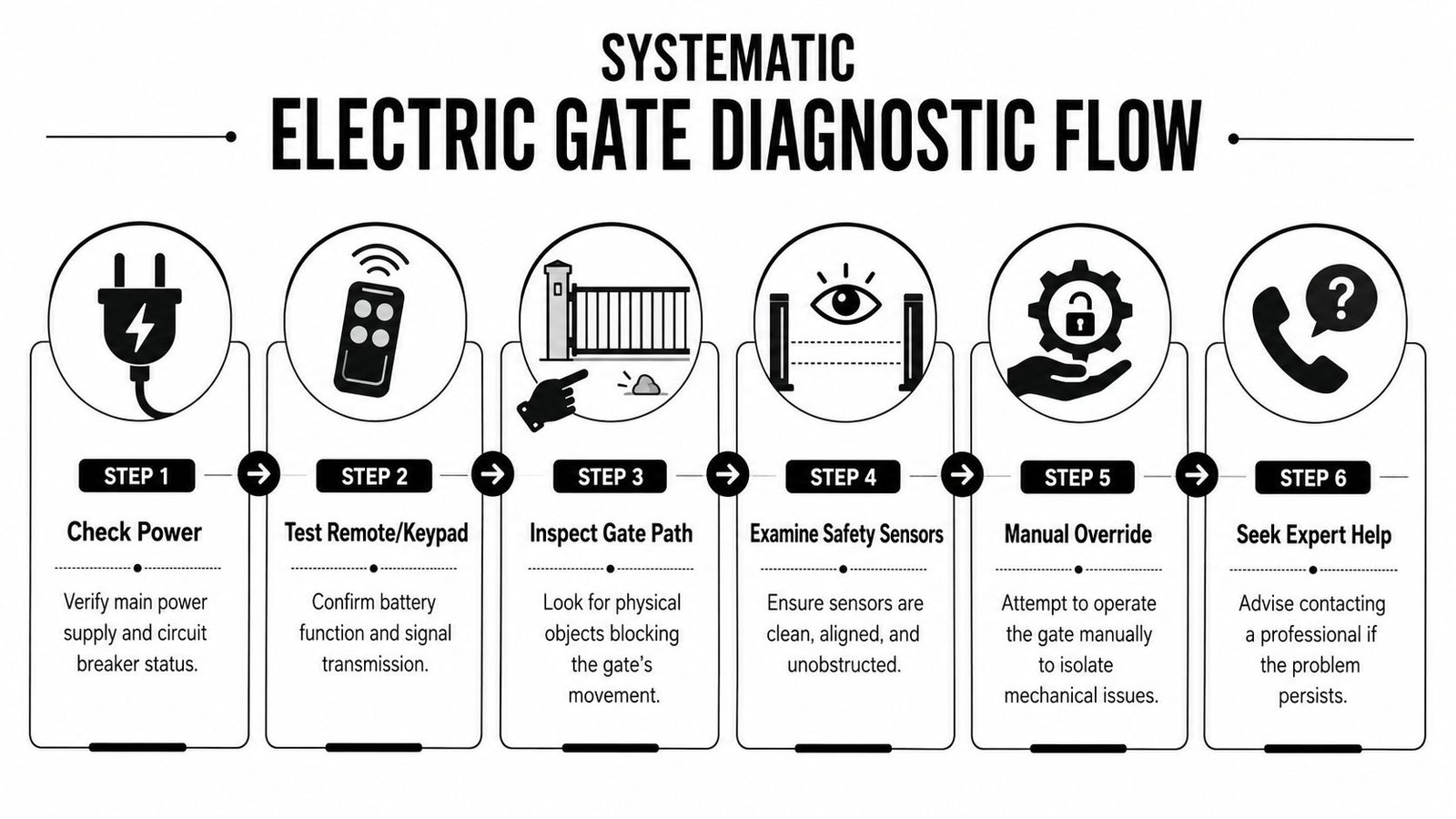 A six-step infographic guide for systematic electric gate troubleshooting, from checking power to seeking professional help.