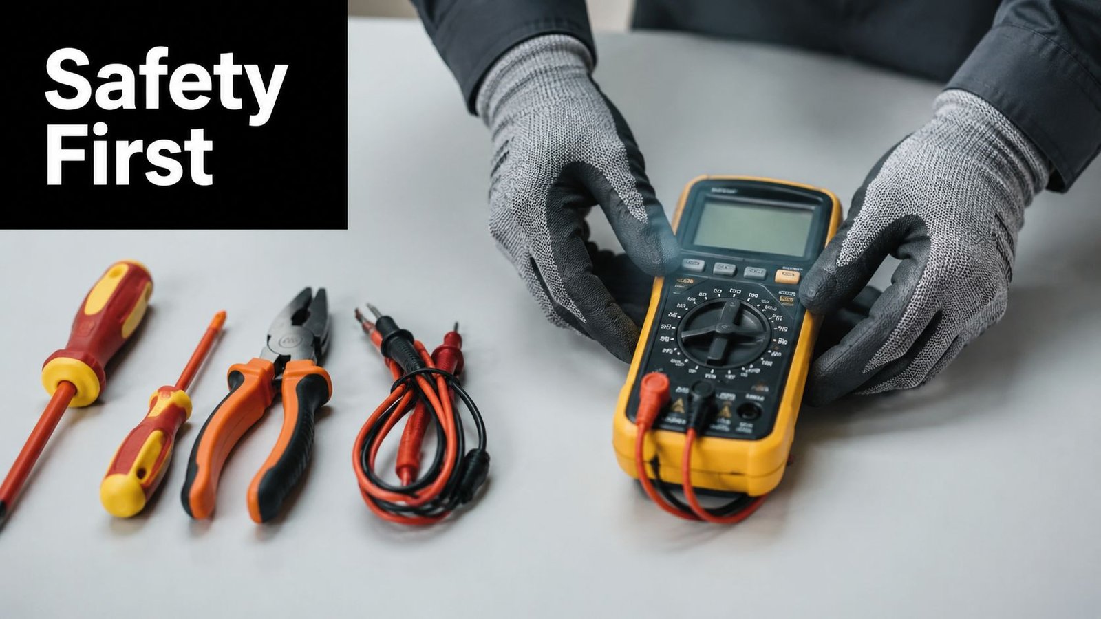 A technician wearing protective gloves prepares to use a yellow digital multimeter for electrical maintenance and troubleshooting.