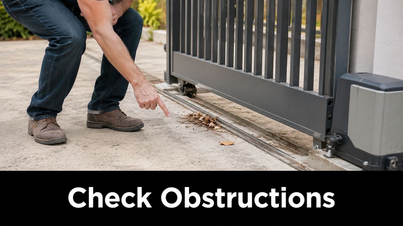 A person pointing at a pile of dry leaves obstructing the track of a sliding automatic gate.