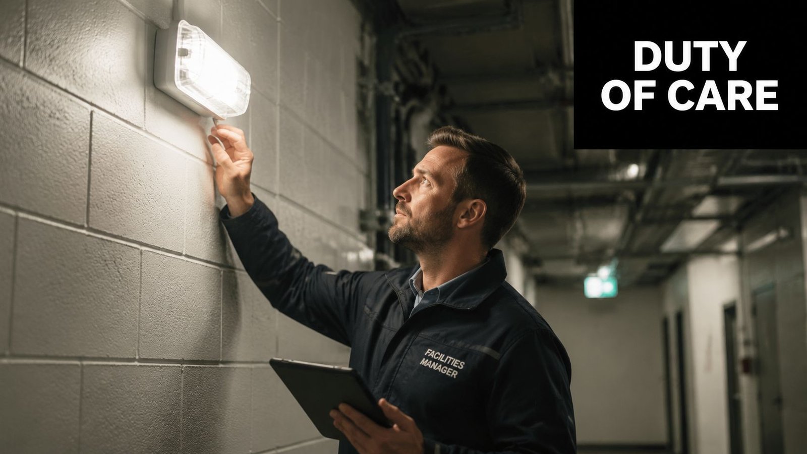 A facilities manager using a tablet to inspect and test an emergency lighting fixture on a wall.