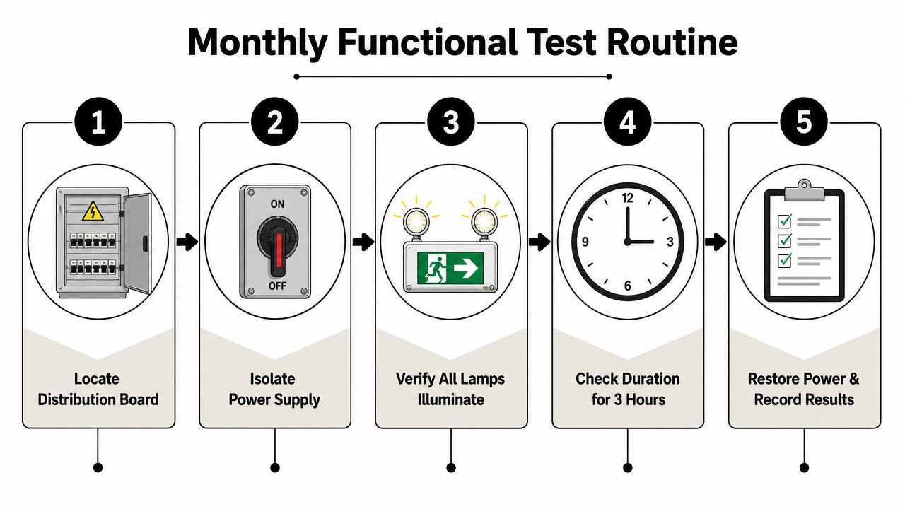 A step-by-step infographic illustrating the monthly functional testing routine for emergency lighting systems.