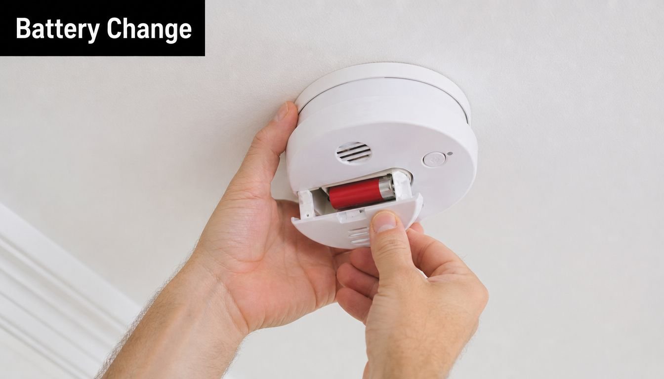 A person changing the battery of a white circular smoke alarm mounted on a white ceiling.