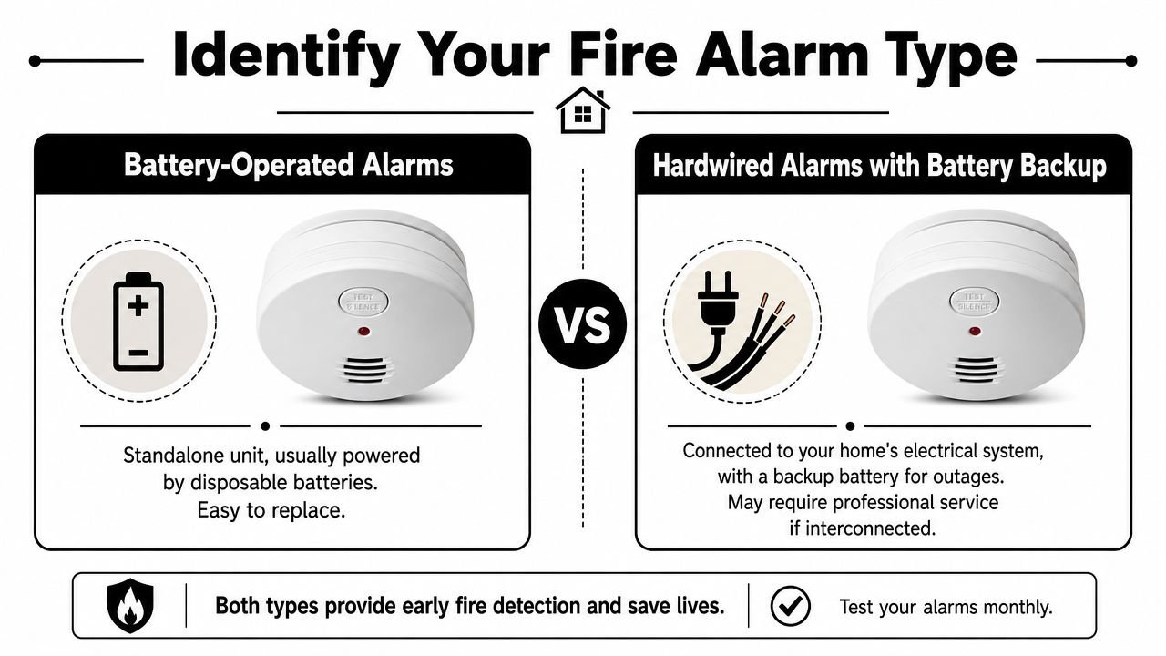 An infographic comparing battery-operated fire alarms and hardwired alarms with battery backups for home safety.