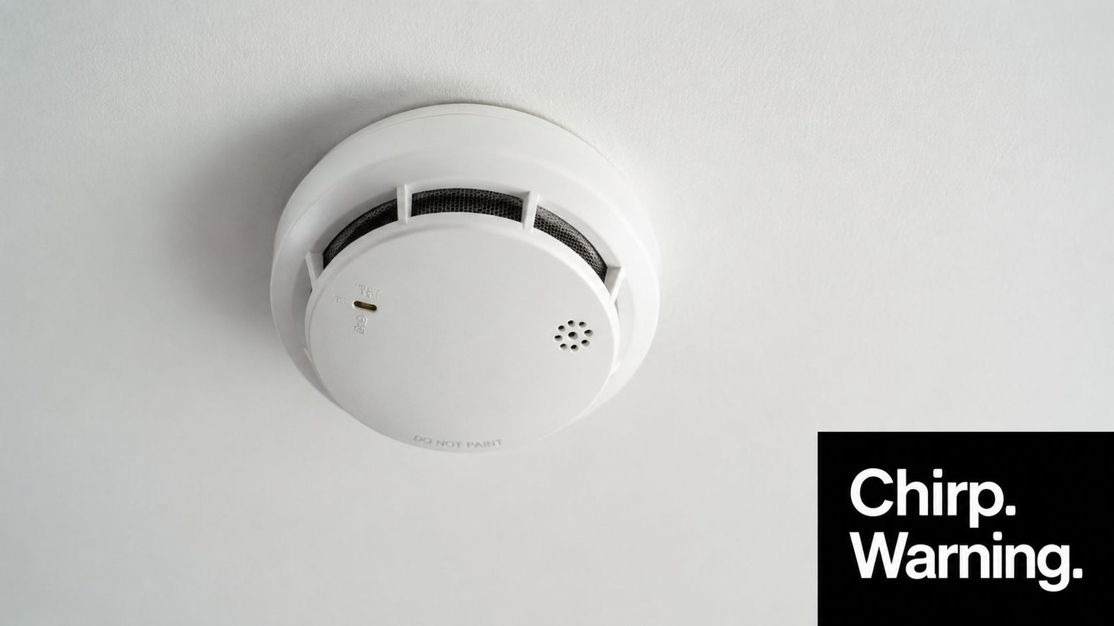 A white smoke detector mounted on a white ceiling with text that says do not paint.