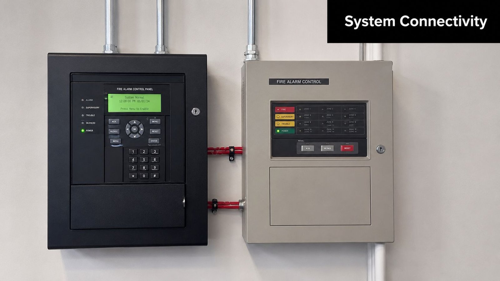 Two fire alarm control panels mounted on a white wall connected with red wiring cables.