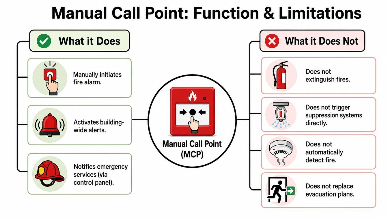 An infographic illustrating the primary functions and limitations of a red manual fire alarm call point device.