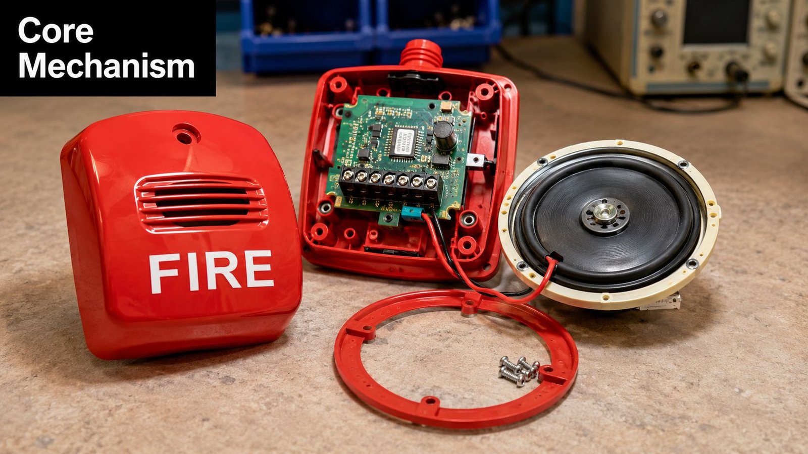 A disassembled red fire alarm sounder unit with its electronic circuit board, speaker, and casing components exposed.