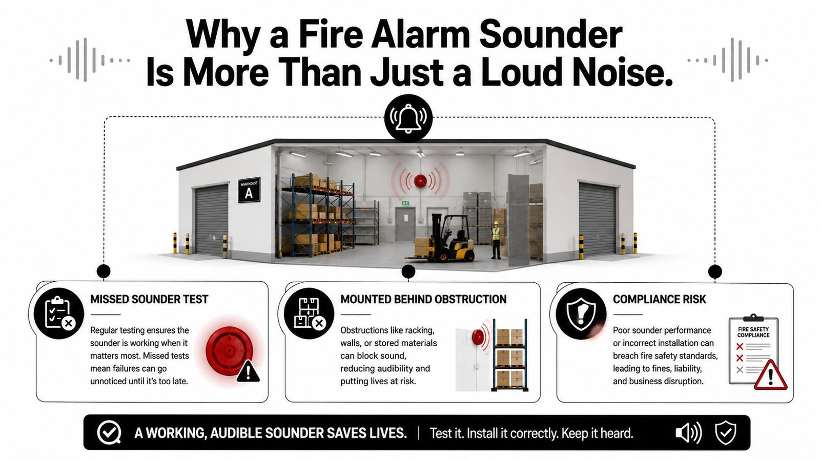 A diagram explaining why fire alarm sounders are crucial for safety, testing, installation, and compliance in warehouses.