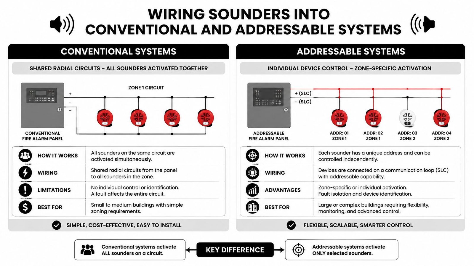 A comparison chart explaining the wiring differences between conventional and addressable fire alarm sounder systems.