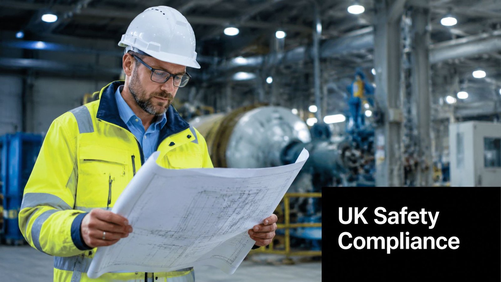A professional engineer in a safety vest and hard hat reviewing technical blueprints inside a manufacturing factory.