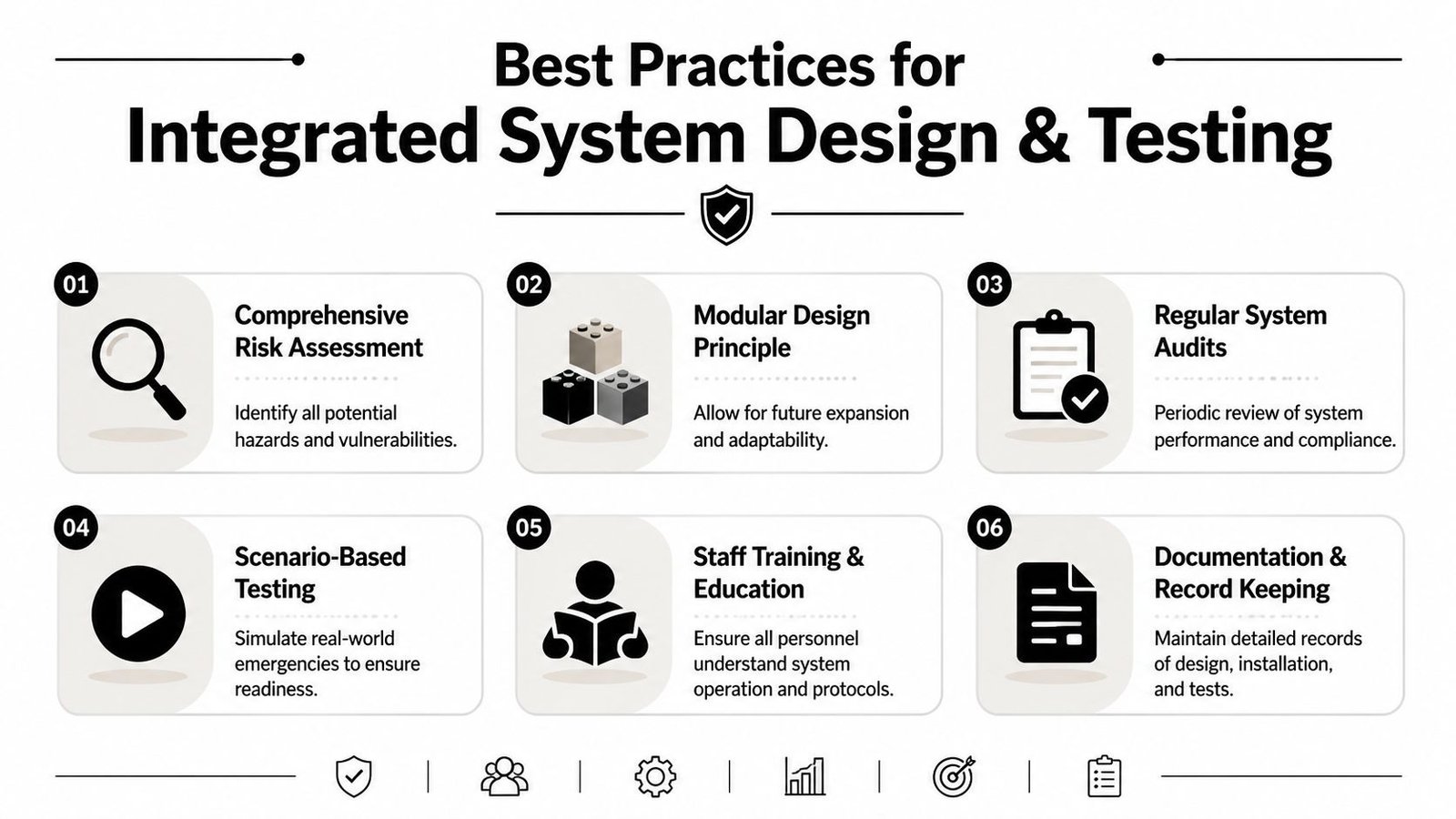 A professional infographic outlining six best practices for integrated system design and testing procedures.