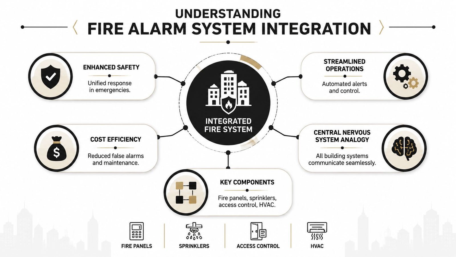 A diagram illustrating the benefits and components of an integrated fire alarm system for modern buildings.