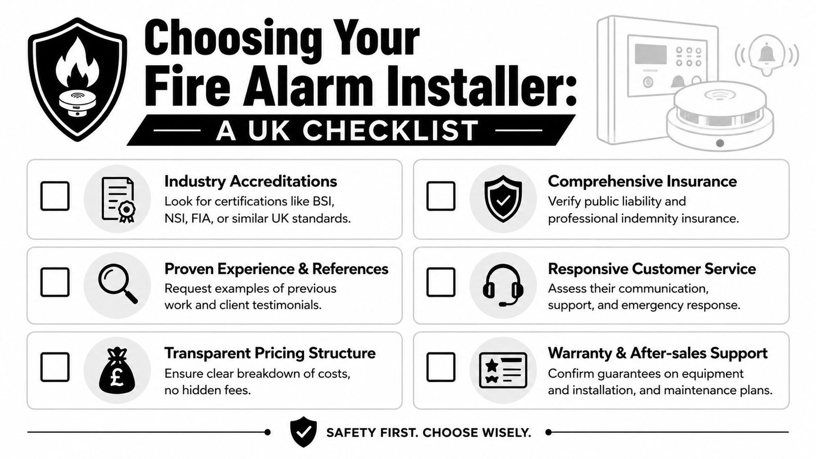 A checklist for choosing a professional fire alarm system installer in the United Kingdom featuring six criteria.
