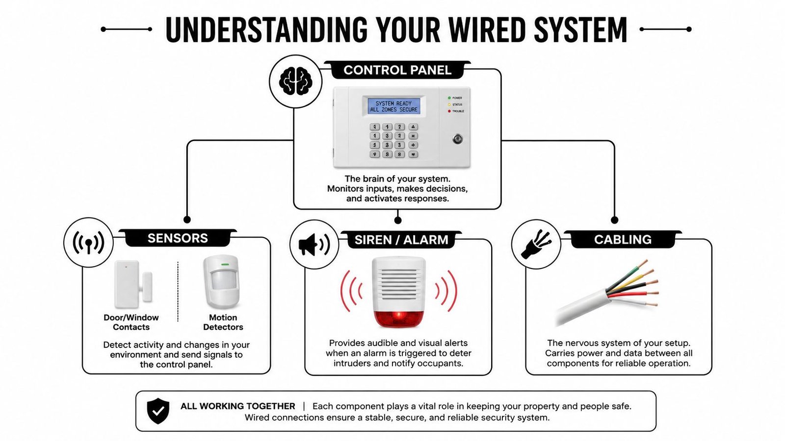 A diagram illustrating the components of a wired home security system including control panel, sensors, alarm, and cabling.