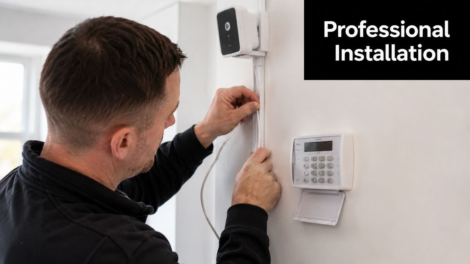 A professional technician carefully installing home security system components and wiring on a white interior wall.