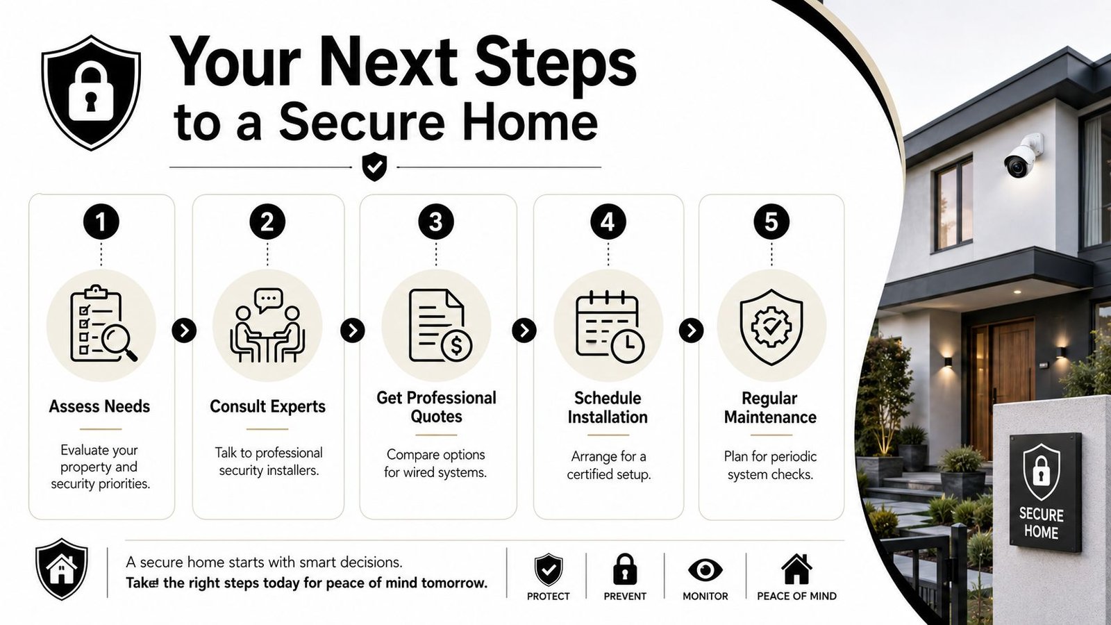 An infographic showing five steps to securing a home, from assessing needs to regular system maintenance.