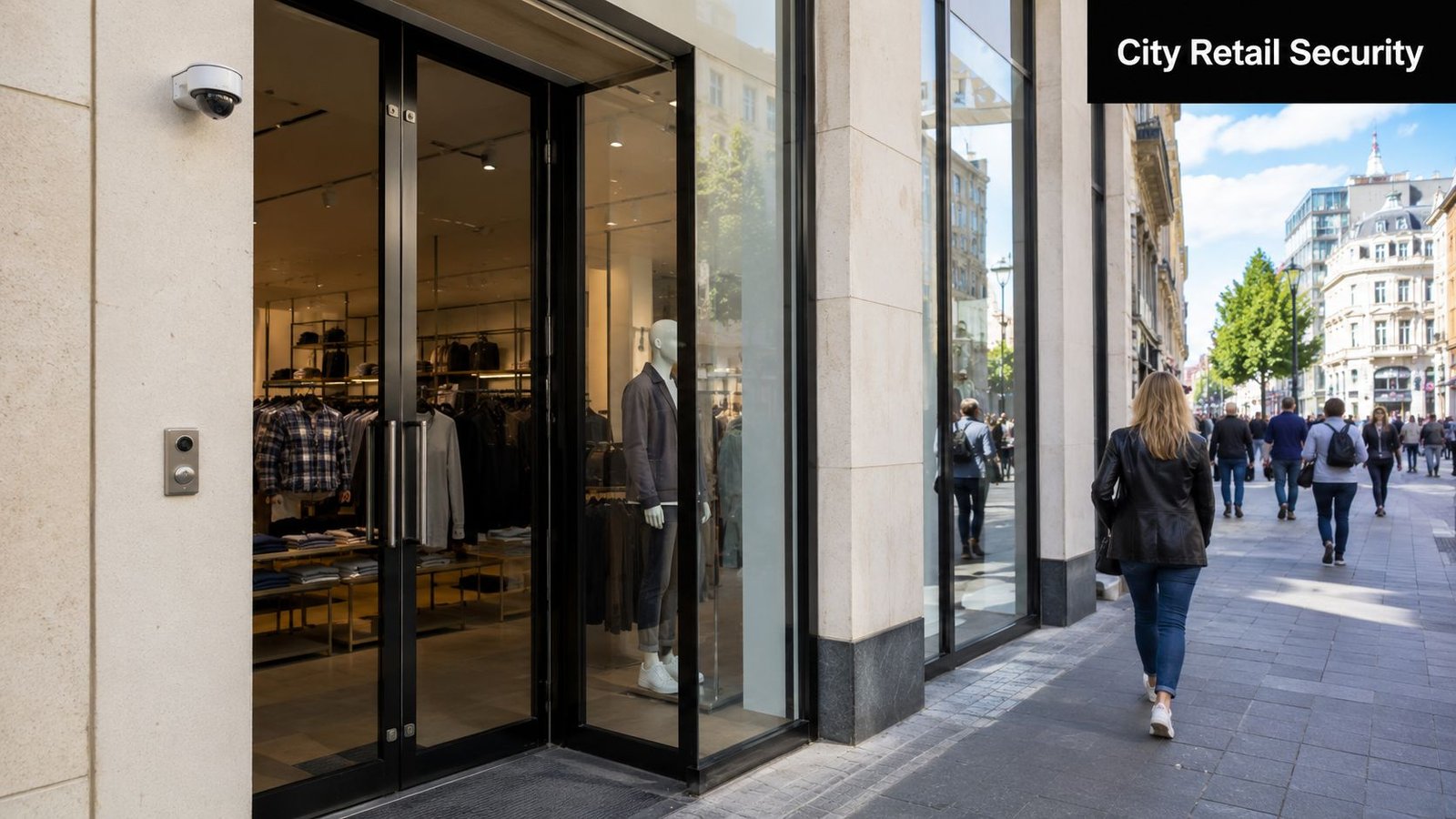 A sleek modern retail storefront entrance featuring a security camera and intercom system on a city street.