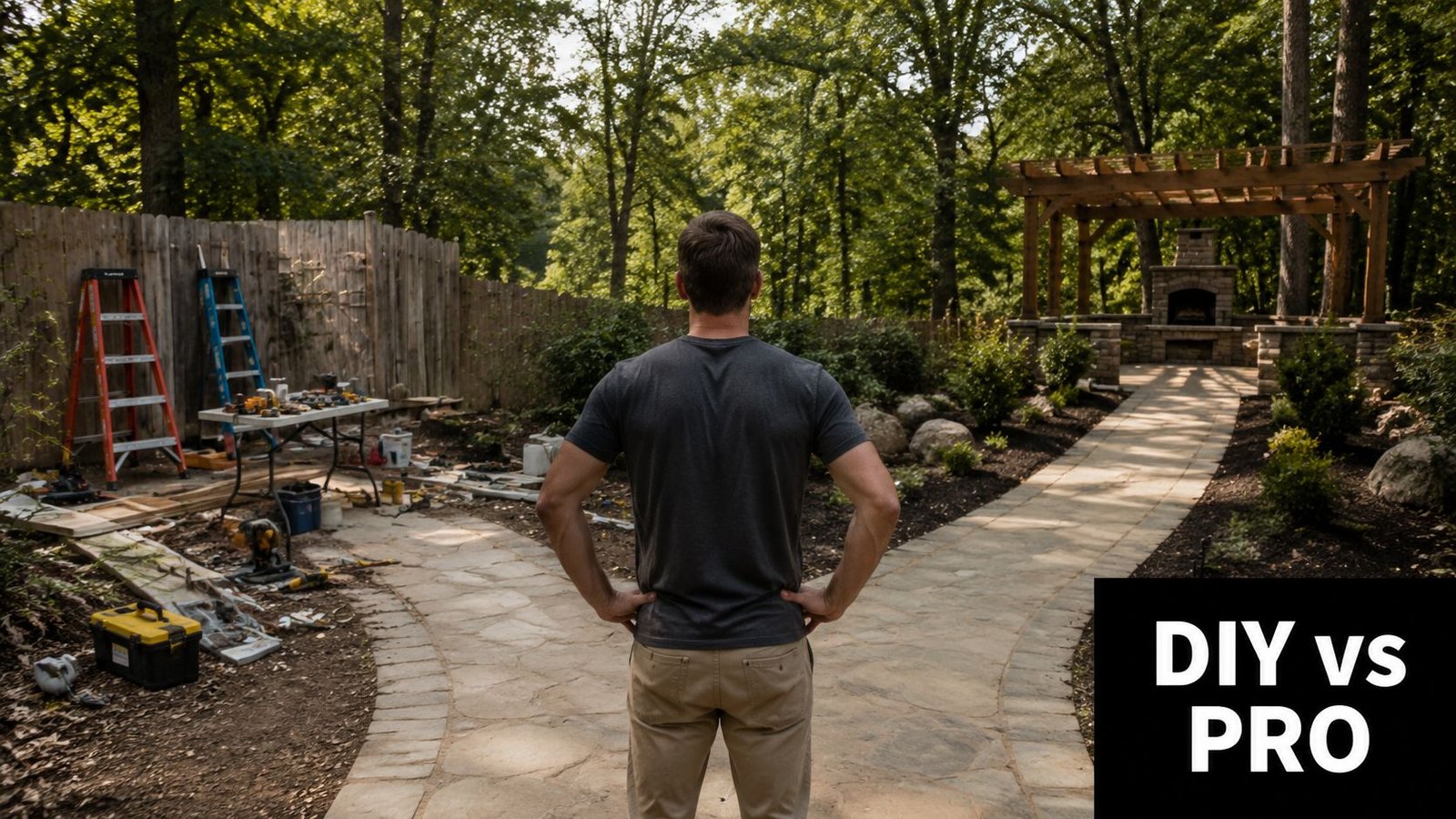 A man stands in a yard deciding between a construction area and a finished stone patio.