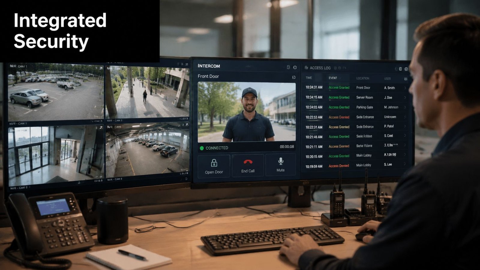 A security professional monitoring intercom and camera systems on multiple computer screens in a dark office environment.