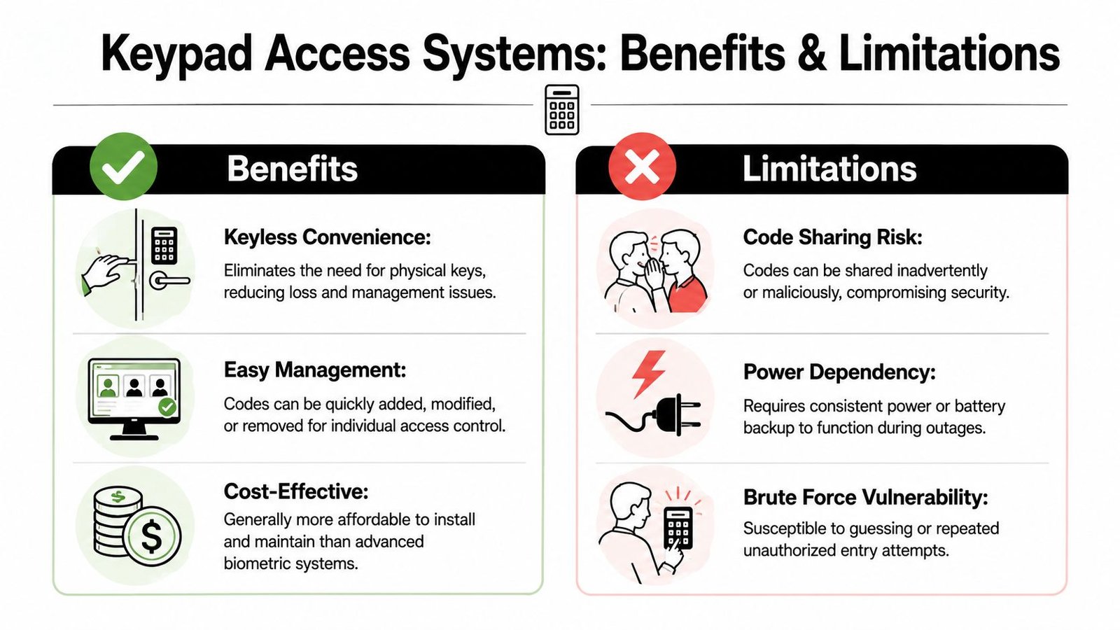 An infographic comparing the benefits and limitations of using keypad access control systems for building security.