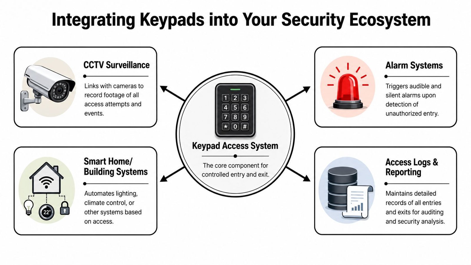 A diagram illustrating how a keypad access system integrates with CCTV, alarms, smart building systems, and logs.