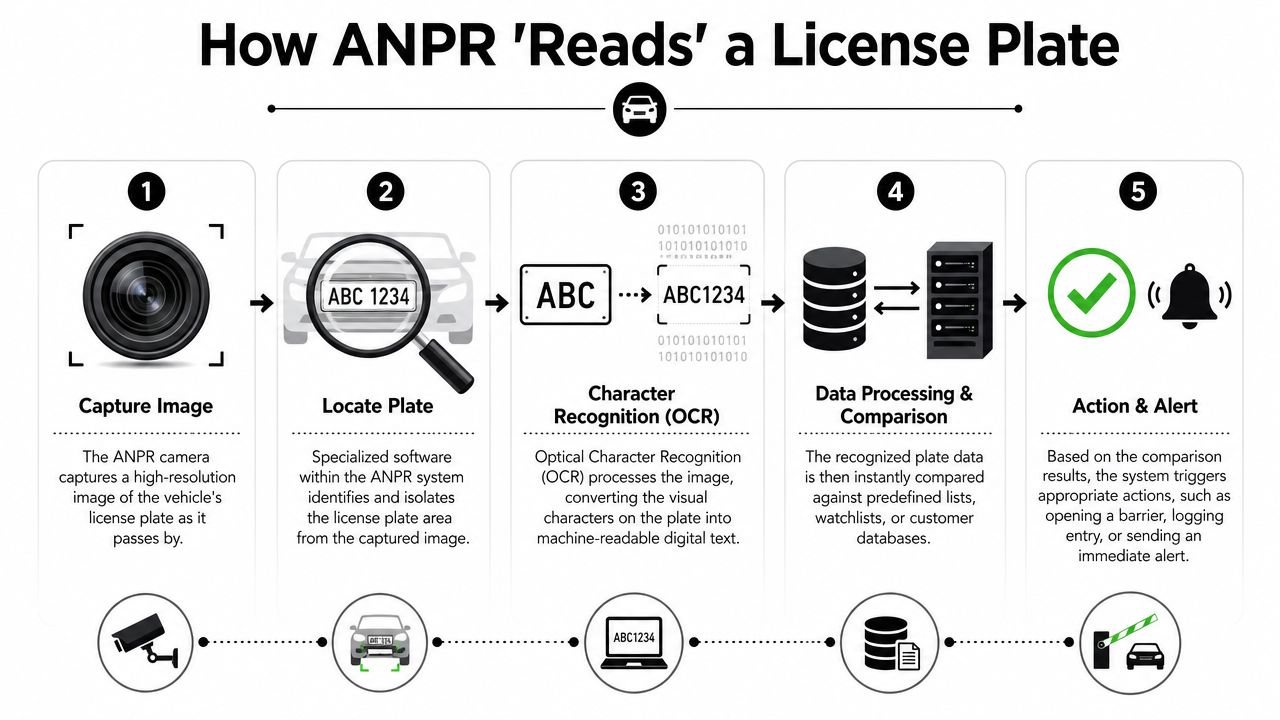 A five-step infographic showing how ANPR camera systems detect, read, and process vehicle license plate information.