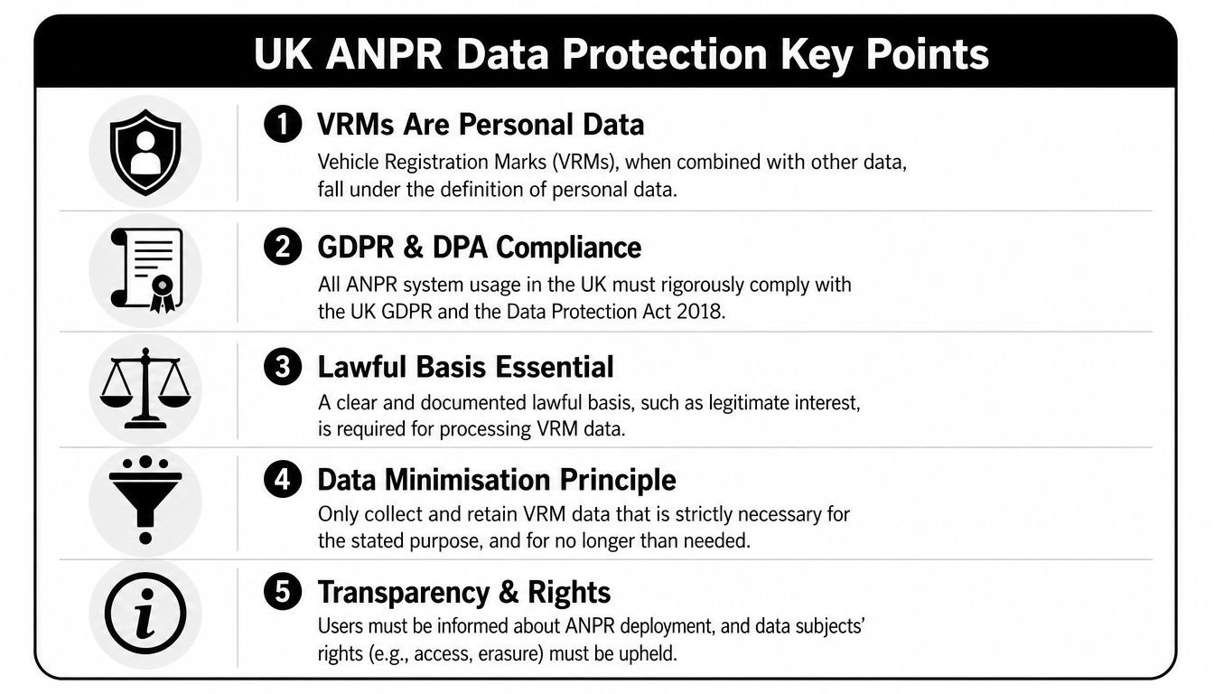 An infographic titled UK ANPR Data Protection Key Points detailing five essential data compliance requirements for UK systems.