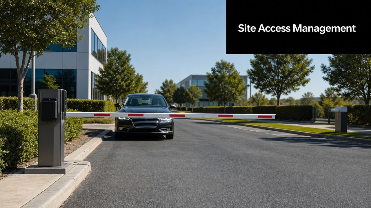 A black car waiting at a closed security gate with a number plate recognition camera system.