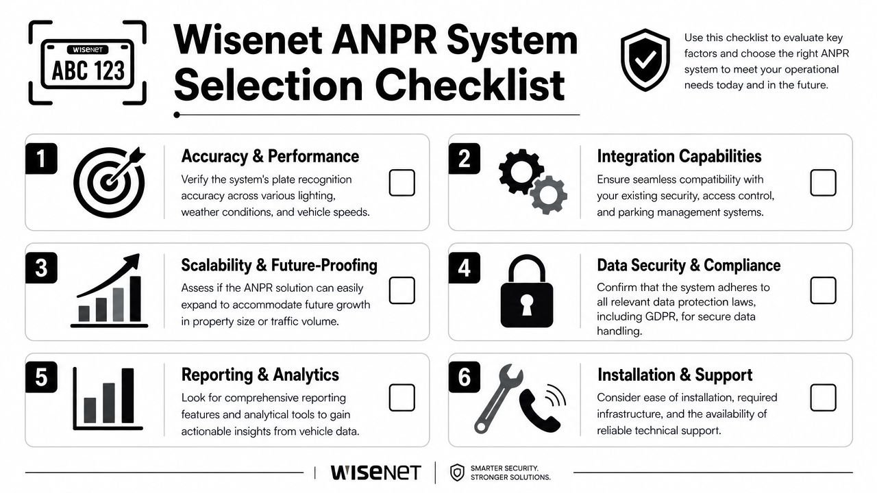 A checklist infographic from Wisenet guiding users on the key factors for selecting an ANPR system.