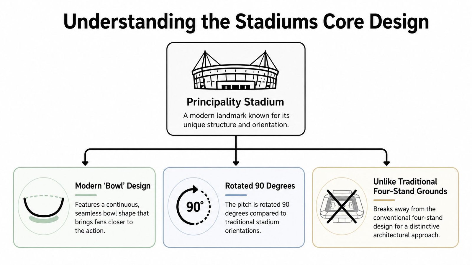 An infographic showing the design features of Principality Stadium, including its bowl shape, rotated pitch, and unique layout.
