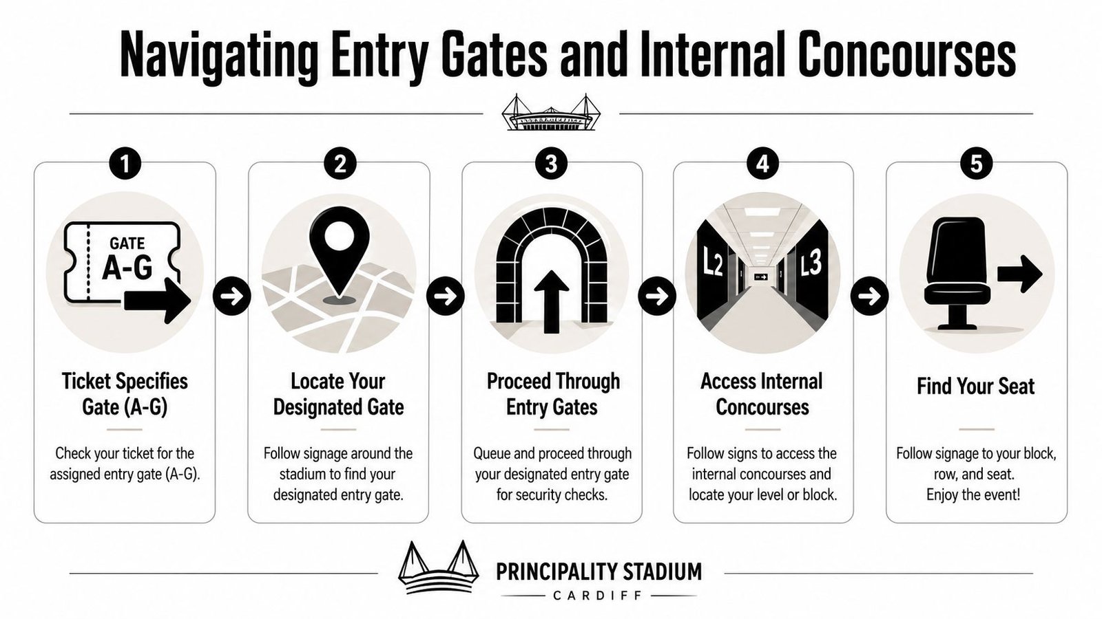 A five-step guide for spectators navigating entry gates and internal concourses at the Principality Stadium in Cardiff.