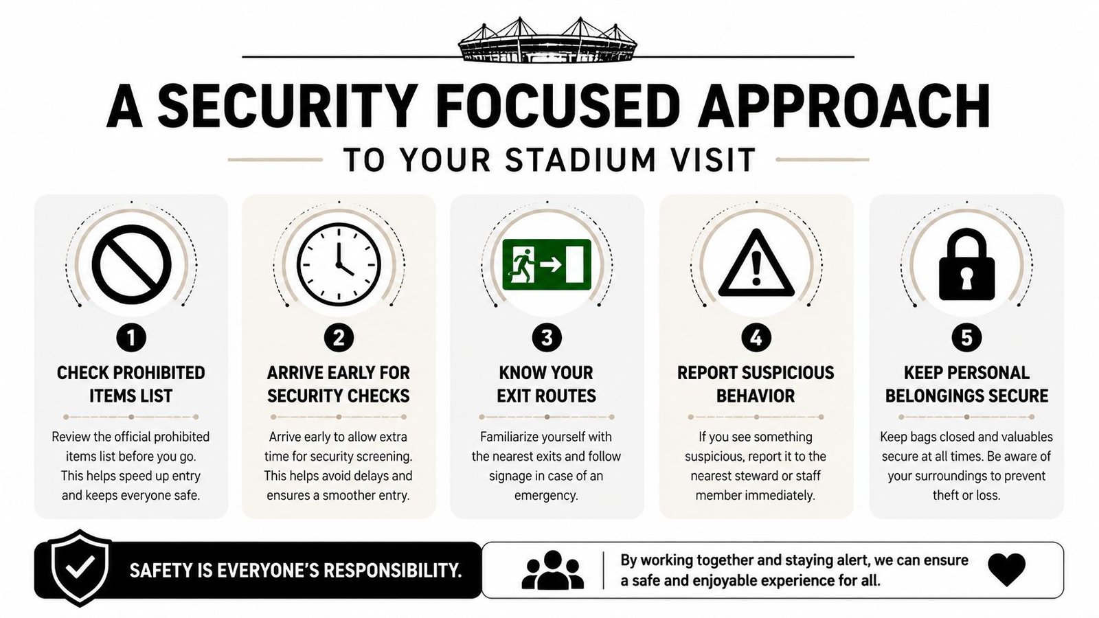 An infographic showing five security tips for stadium visitors, including checking prohibited items and arriving early.