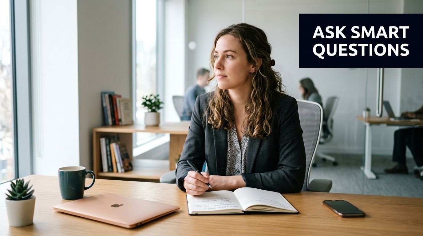 A professional businesswoman taking notes in a modern office with an inspirational message displayed nearby.