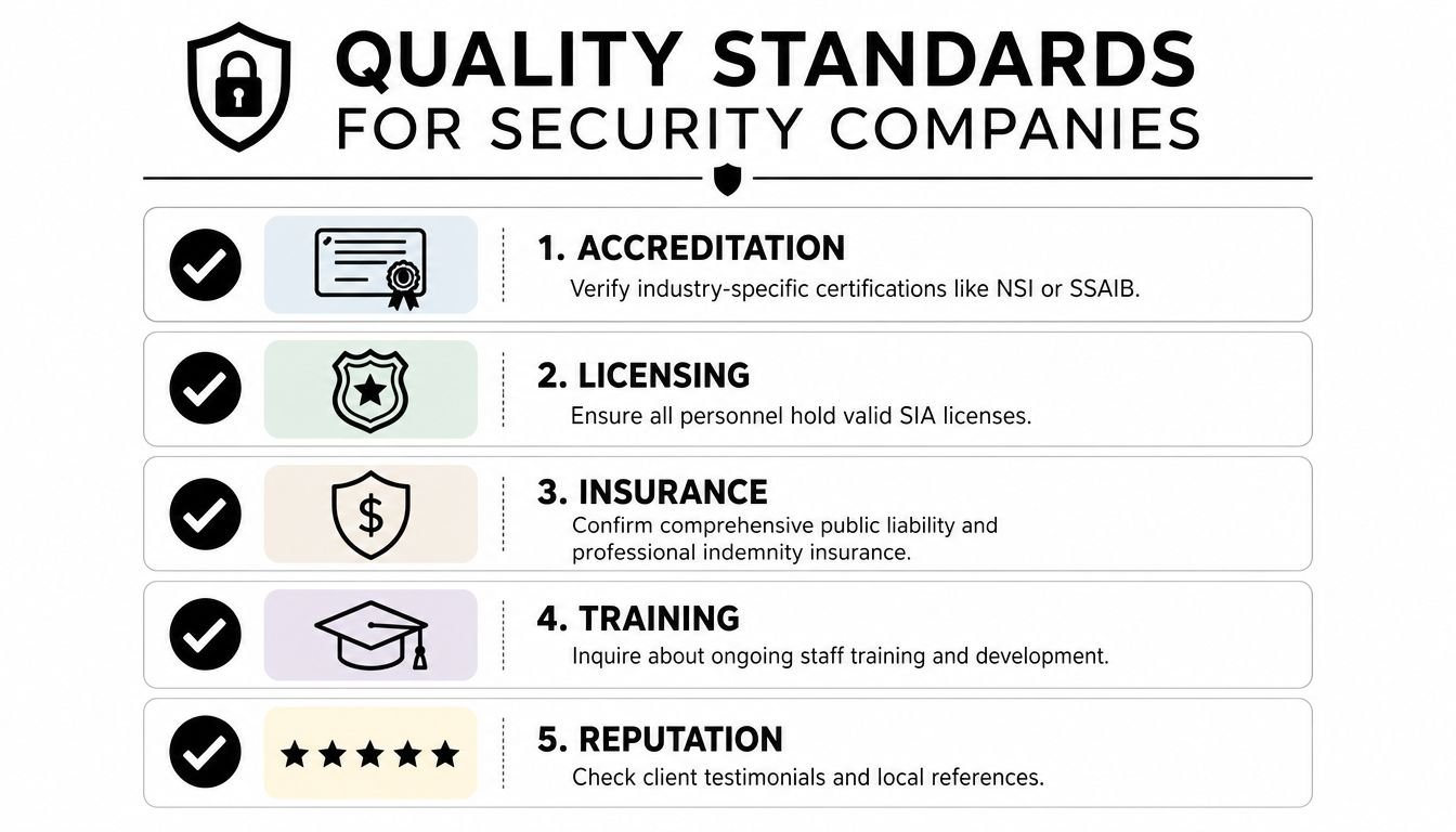A checklist infographic outlining five key quality standards to consider when choosing a professional security company.