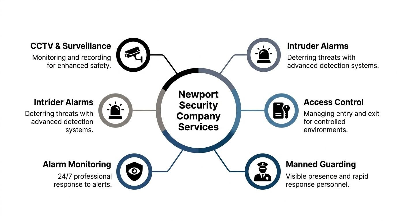 A diagram illustrating Newport Security Company services including CCTV, alarms, access control, and manned guarding solutions.
