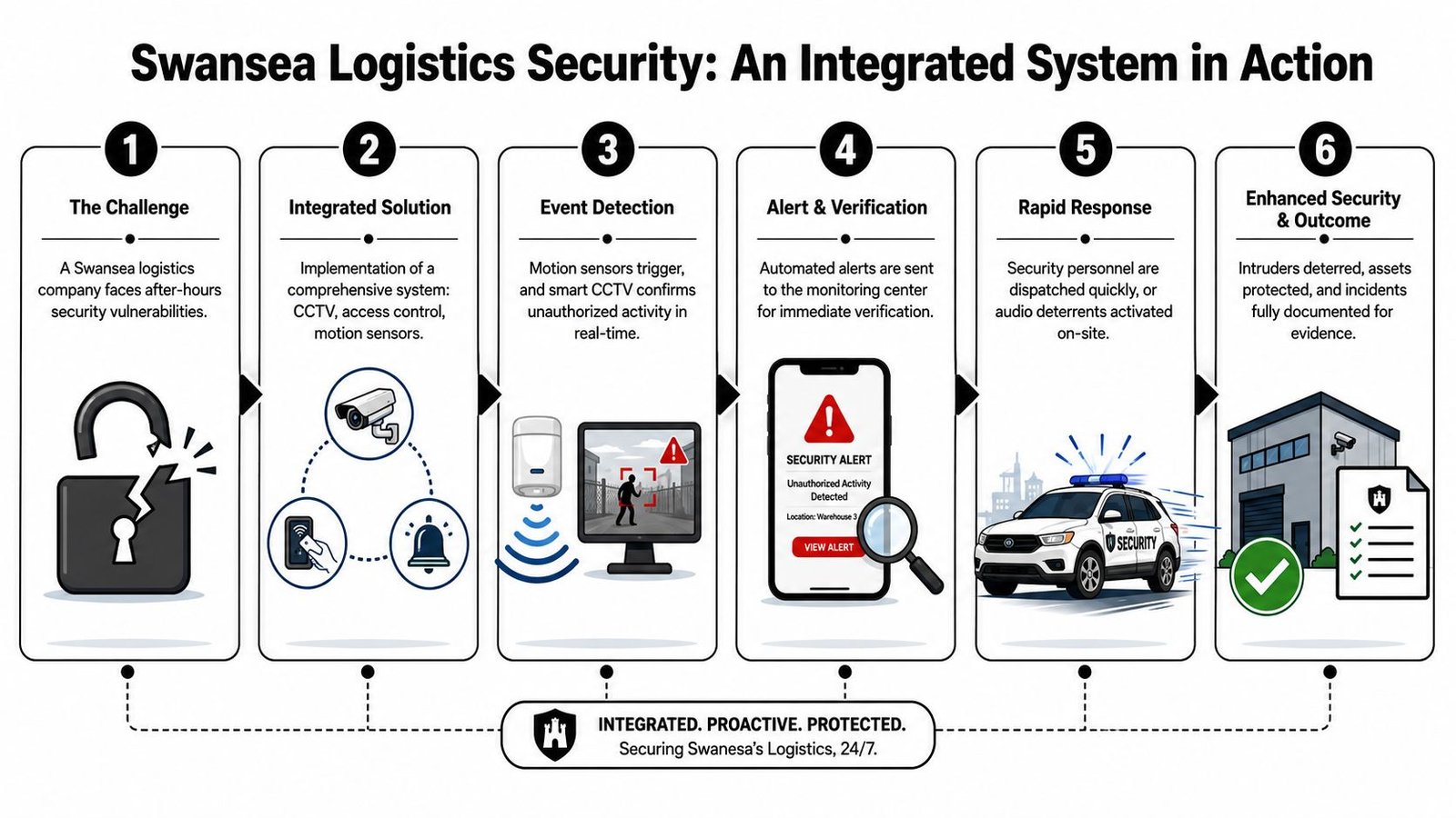 A six-step infographic illustrating an integrated security system for a Swansea logistics company warehouse facility.