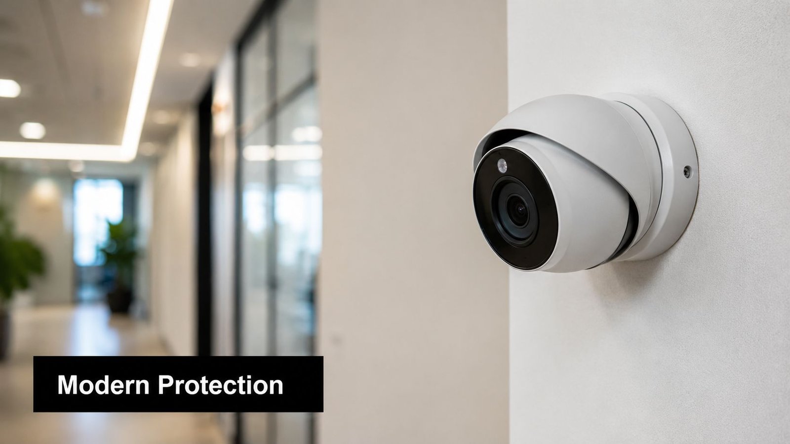 A modern dome security camera mounted on an office wall, illustrating high-tech corporate building surveillance.