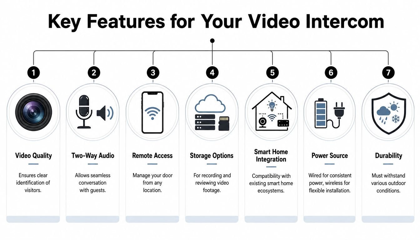 An infographic detailing seven essential features for selecting a smart video intercom system for your home.