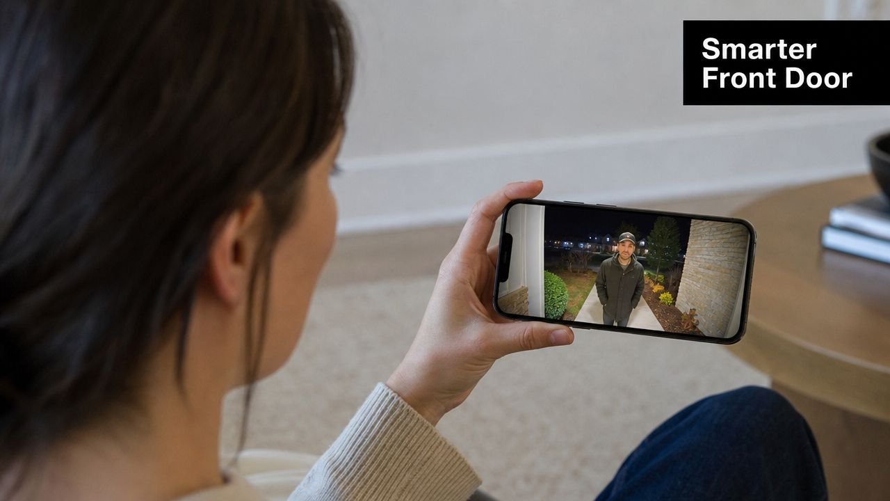 A woman holding a smartphone displaying a live video feed of a man at her front door.
