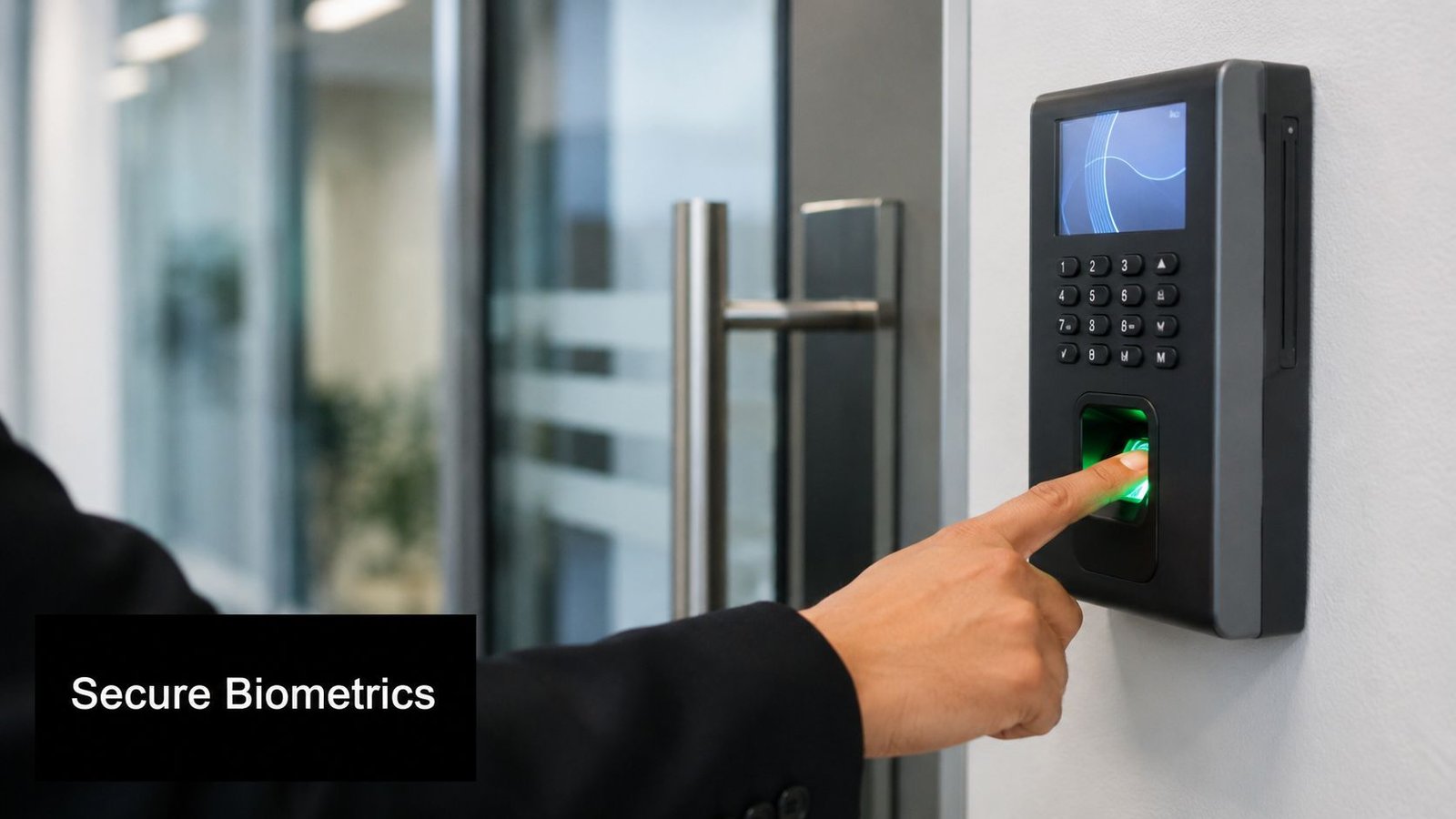 A professional using a fingerprint scanner for secure building entry in an office environment.